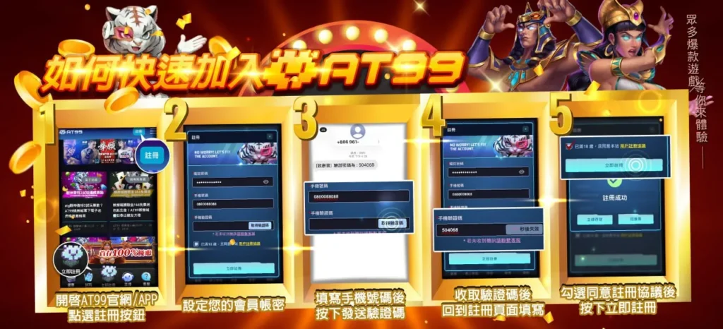 鉅城娛樂城註冊流程圖解，展示從開啟官網APP到填寫手機驗證碼完成註冊的五步驟操作