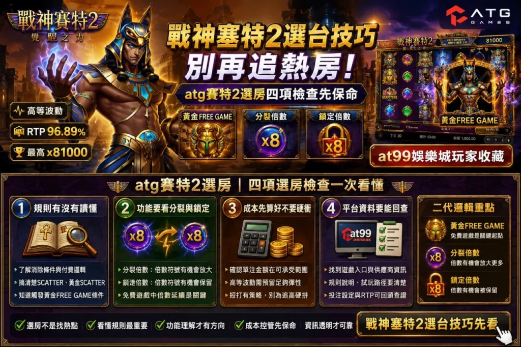戰神塞特2選台技巧，整理ATG鉅城2選房四項檢查重點，幫助玩家了解高波動機台的選房方向。